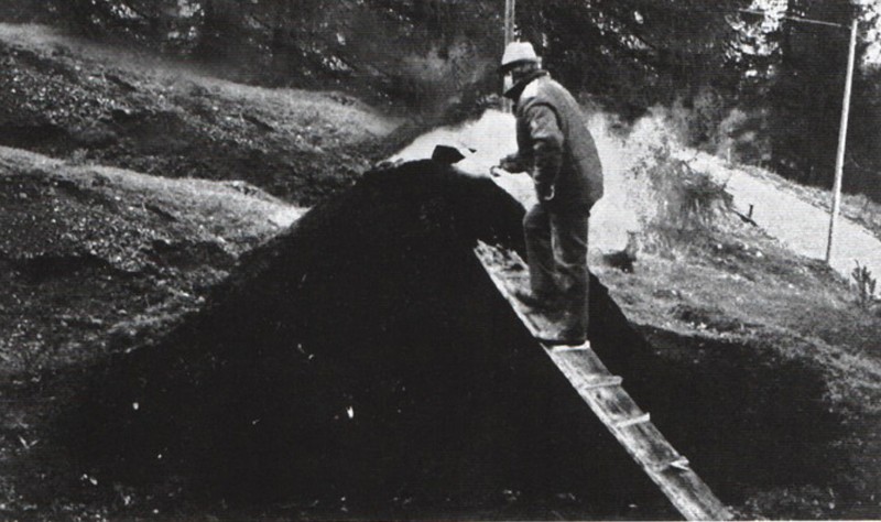 39) 1986. L'ultimo poiàt, allestito nel territorio di Selva di Cadore, viene controllato dal carbonaio.jpg