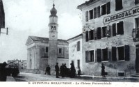 01) Santa Giustina bellunese fine 800 anno 1896 con la chiesa parrocchiale e dopo il ponte sul Veses l'albergo -al monte Pizzocco- oggi albergo Muraro.jpg