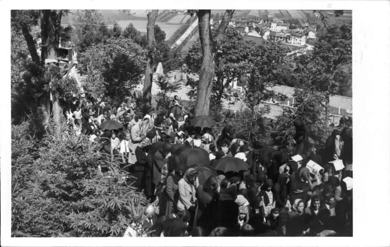 144) La testa della processione sta già salendo il Miesna, ove a sede il Santuario di San Vittore mentre la coda muove i primi passi dal Duomo di Feltre. E’ una fila interminabile di persone.jpg