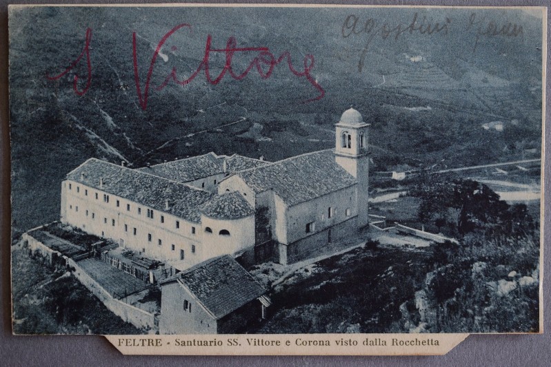 116) Feltre - Santuario SS. Vittore e Corona viso dalla Rocchetta. Anno 1923..jpg